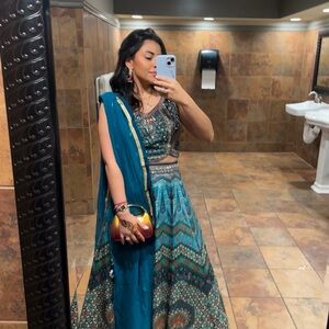 Teal Blue Chevron Pattern Lehenga with Silk Sheen